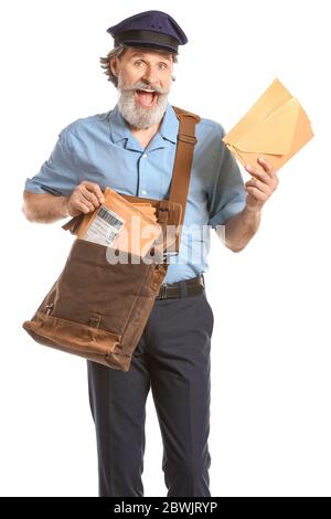 Handsome old postman on white background Stock Photo