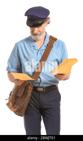 Handsome old postman on white background Stock Photo