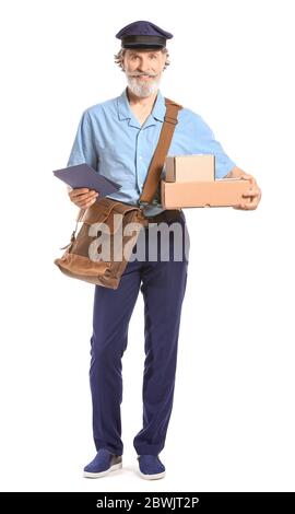 Handsome old postman on white background Stock Photo