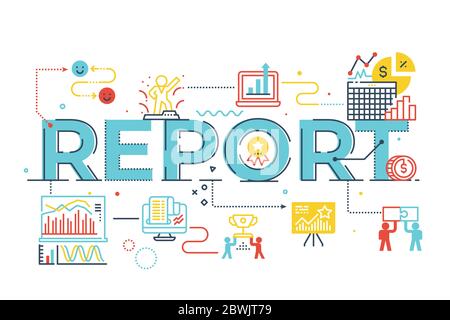 Report word lettering illustration with icons for web banner, flyer, landing page, presentation, book cover, article, etc. Stock Vector