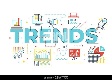 Trends word lettering illustration with icons for web banner, flyer, landing page, presentation, book cover, article, etc. Stock Vector