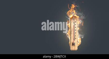 Hot temperature - Thermometer on fire as panorama Stock Photo