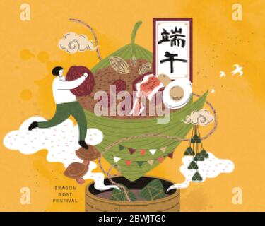 Miniature girl holding dates and toward giant rice dumpling upon bamboo steamer, Dragon boat festival written in Chinese calligraphy Stock Vector