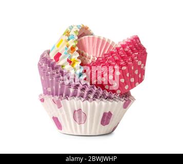 Muffin baking cups on white background Stock Photo