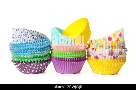 Muffin baking cups on white background Stock Photo