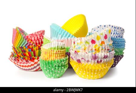 Muffin baking cups on white background Stock Photo