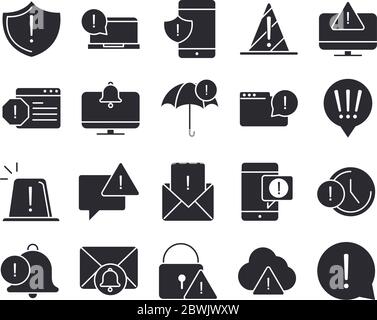 alert, attention danger exclamation mark precaution information silhouette style design icons set vector illustration Stock Vector