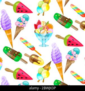 Ice cream cone seamless pattern background. Realistic. Bright and pastel colors. For print and web. Stock Vector