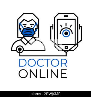 Doctor online sing. Doctor through the phone screen using stethoscope checks health. Stock Vector