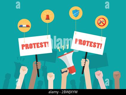 Crowd of people protesters with security icons. Vector illustration Stock Vector