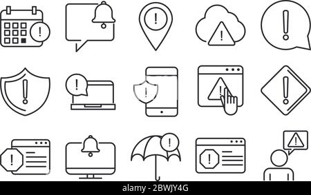 alert, attention danger exclamation mark precaution information, line style design icons set vector illustration Stock Vector