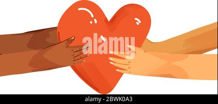 Vector flat illustration of diverse people sharing love, support, appreciation to each other. Hands giving heart, and hands taking heart as a sign of Stock Vector