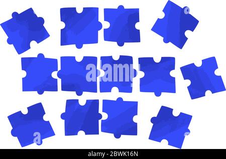 Vector flat illustration of several piece of puzzles, scattering on white space. Solving problem, jigsaw concept - teamwork for business success Stock Vector