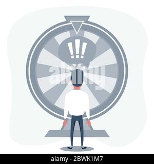 Funny Office Worker Standing Near the Wheel of Business Fortune. Stock Vector