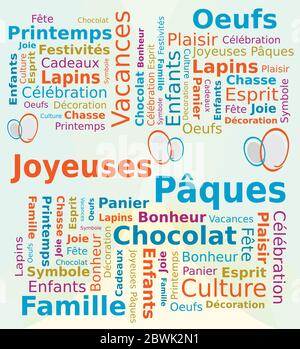 Word Cloud French Language Happy Easter in Blue and Orange Colors Stock Vector