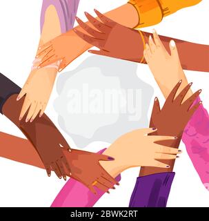 Hands of diverse group of women putting together in circle. Concept of sisterhood, girl power, feminist community or movement, friendship, support and Stock Vector