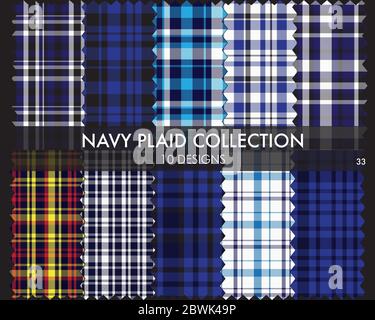 Navy Plaid Tartan Seamless Pattern Collection - Navy Plaid, checkered, tartan seamless pattern collection includes 10 designs suitable for fashion Stock Vector