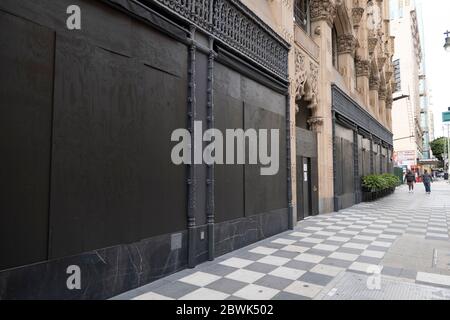 Los Angeles, CA/USA - June 1, 2020: Businesses are boardd up in the Broadway Theatre District of Los Angeles  Black Lives Matter riots on May 29th Stock Photo