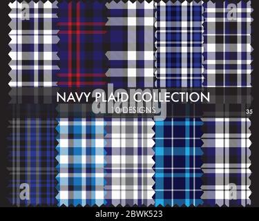 Navy Plaid Tartan Seamless Pattern Collection - Navy Plaid, checkered, tartan seamless pattern collection includes 10 designs suitable for fashion Stock Vector