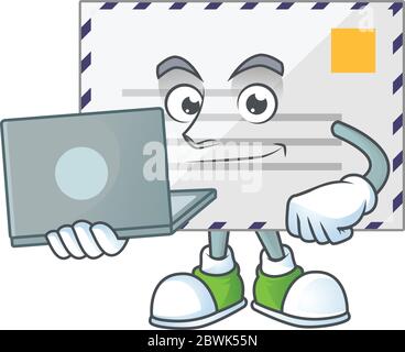 Diligent letter cartoon drawing concept working from home with laptop Stock Vector