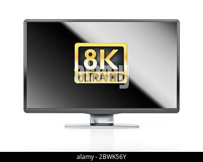 Gold 8K Ultra HD label on generic TV with reflection. 3D illustration. Stock Photo