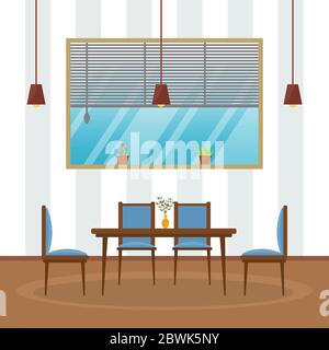 Modern Empty Cafe Restaurant Interior Furniture Flat Vector Illustration Stock Vector