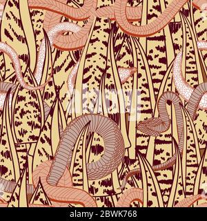 Exotic tropical pattern with snakes. Adjoining, amphibian. OLIVE COLOR. khaki. Sansevieria plant Stock Vector