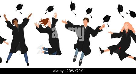 Seamless border with happy graduate students in graduation clothing jumping and throwing the mortarboard high into the air. Flat vector pattern Stock Vector