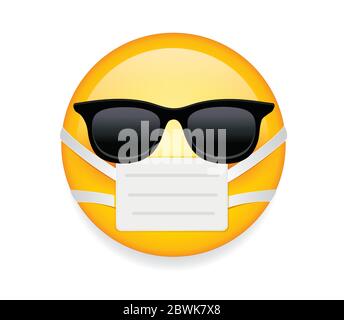 High quality emoticon on white background. Emoji with sunglasses and mask. Yellow sick emoji wearing sunglasses and medical mask to protect from germs. Stock Vector