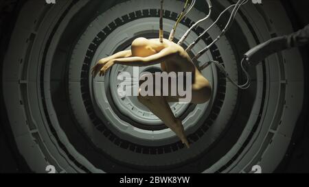 Female Cyborg Body Floating in a Liquid Tank Chamber 3d illustration 3d render Stock Photo