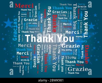 Word Cloud - Thank You in 5 Languages English French German Italian Spanish Blue Background Stock Vector
