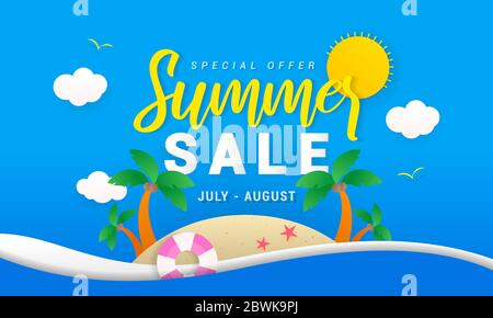 Summer sale vector illustration. lovely island paper art style. Stock Vector