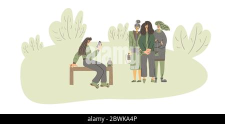 Young woman at the park. Girl takes a picture with a phoine of her friends. Vector illustration Stock Vector