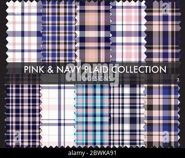 Pink Navy Plaid, tartan seamless pattern collection includes 10 designs suitable for fashion Stock Vector
