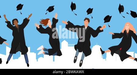 Seamless border with happy graduate students in graduation clothing jumping and throwing the mortarboard high into the air. City and sky background Stock Vector