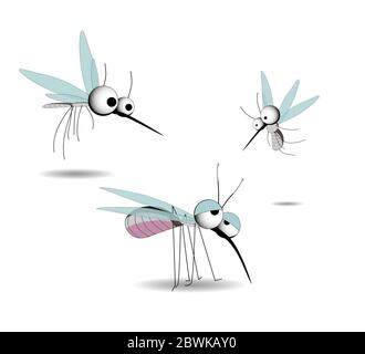 Mosquitoes CHARACTER. Insect parasites. Vector illustration isolated on white background. Summer time Stock Vector