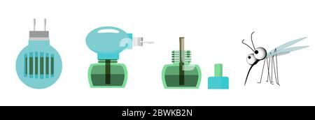 Means of protection against mosquitoes. Pest control. Mosquitoes. Insecticides. Fumigator, fly swatter, mosquito spray INSECT CHARACTER Stock Vector
