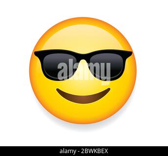 High quality emoticon with sunglasses.Emoji vector. Cool smiling Face with Sunglasses vector illustration.Yellow face with broad smile wearing glasses. Stock Vector