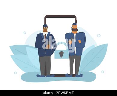 Personal data protection concept. Security guards standing with arms crossed and defending confidential information. Characters saving check access. V Stock Vector
