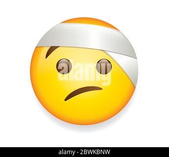High quality emoticon on white background. Emoji with bandage. yellow face with a half frown and white bandage wrapped around its head.Injured emoji. Stock Vector