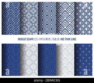 Indigo seamless patterns, bold and thin line. Japanese sashiko inspired blue and white background decoration. Stock Vector