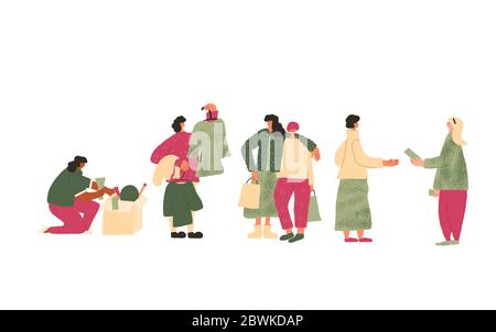 Flea market characters set isolated on white background. Two friends choosing vintage clothes, person looking at  goods in the box, girl buying a loca Stock Vector