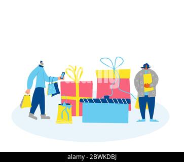 Two tiny characters with huge gift bags. holiday sale concept. Persons standing wiht shopping bags and phone. Vector color flat illustration. Stock Vector