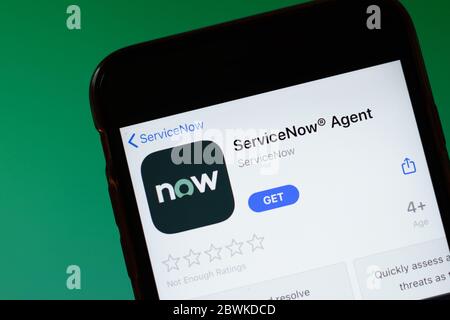 Moscow, Russia - 1 June 2020: ServiceNow Agent app mobile logo close-up on screen display, Illustrative Editorial. Stock Photo