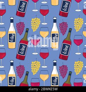 Wine bottles and glasses seamless pattern. Wineglasse and Bunches of grapes. Design winery surface Vector hand illustration on a blue background. Stock Vector