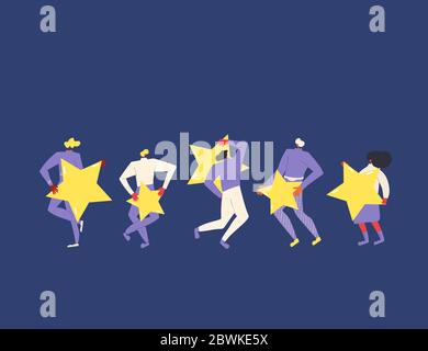 Feedback concept. Five characters holding stars in their hands. Service rating. Satisfaction level. Consumer product review Vector flat illustration. Stock Vector