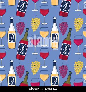 Wine bottles and glasses seamless pattern. Wineglasse and Bunches of grapes. Design winery surface Vector hand illustration on a blue background. Stock Vector