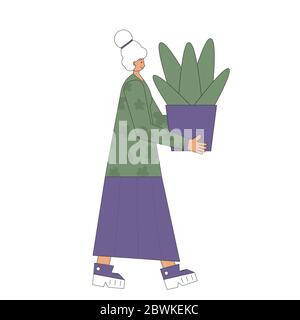 Indoor plants lover isolated on white background. Mature female person wearing in casual clothes holding in hands potted flowers. Senior woman with ho Stock Vector
