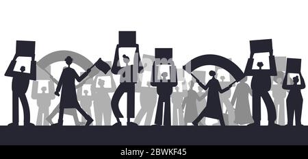 Protest. People holding placards. Persons standing together with blank banners. Group of men and women with banners taking part in parade, picket, pro Stock Vector