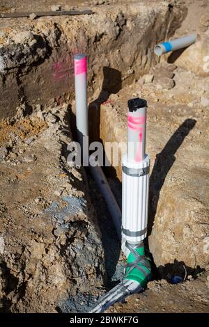 Underground plumbing pipes on a residential building site in Melbourne Australia Stock Photo